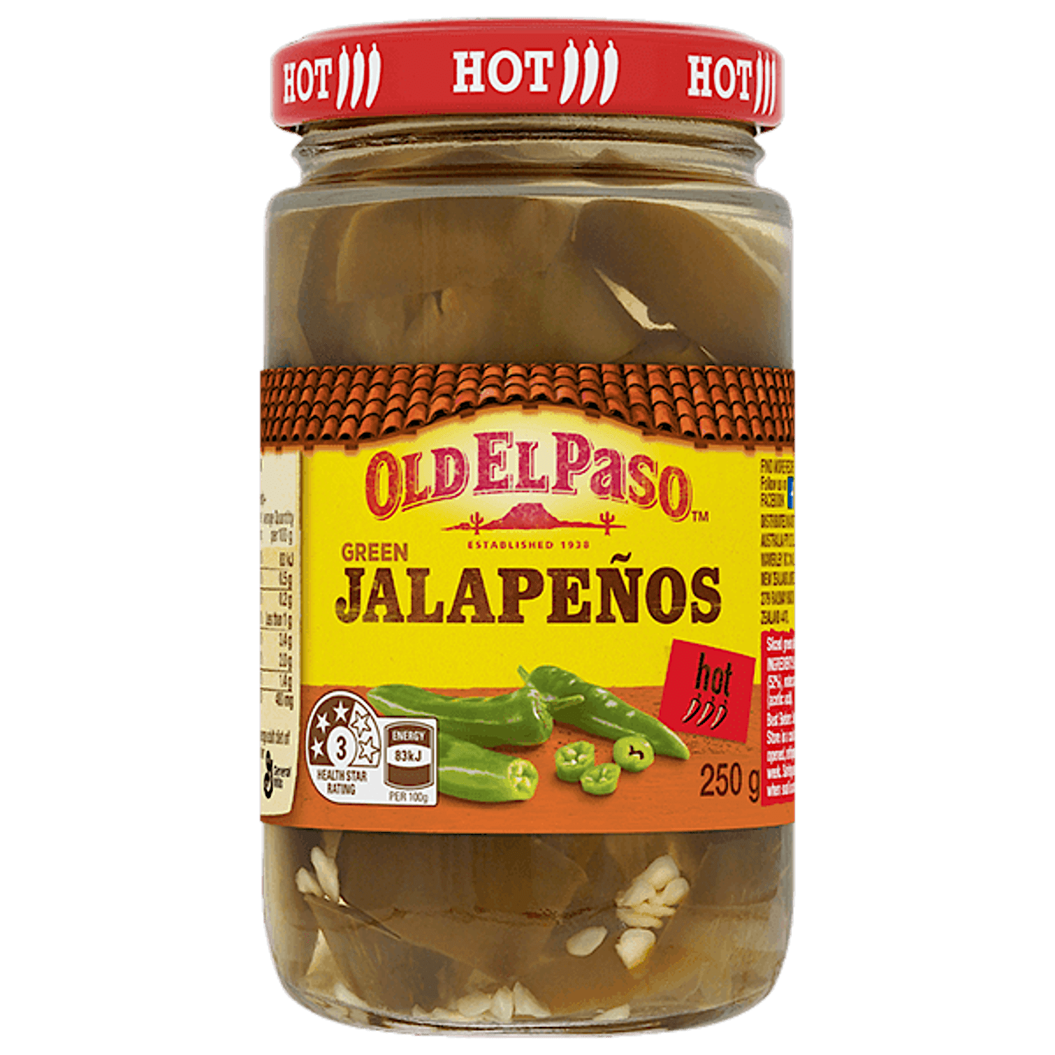 a glass jar of Old El Paso's hot sliced green jalapenos (250g)